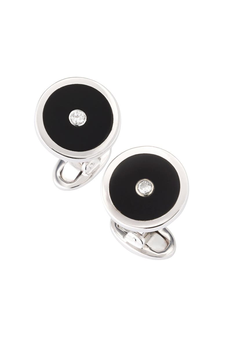 Black Onyx and Diamond Sterling Silver Round Cufflinks, Alternate, color, BLACK