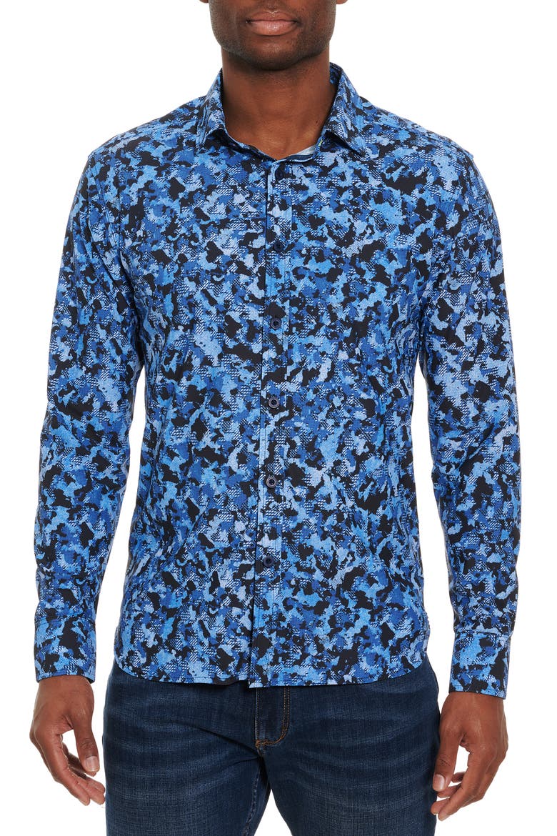 Ellander Camo Stretch Button-Up Performance Shirt, Main, color, BLUE MULTI