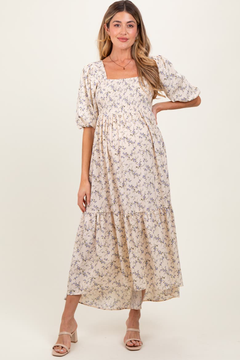 Floral Smocked Hi-Low Puff Sleeve Maxi Dress, Main, color, Ivory