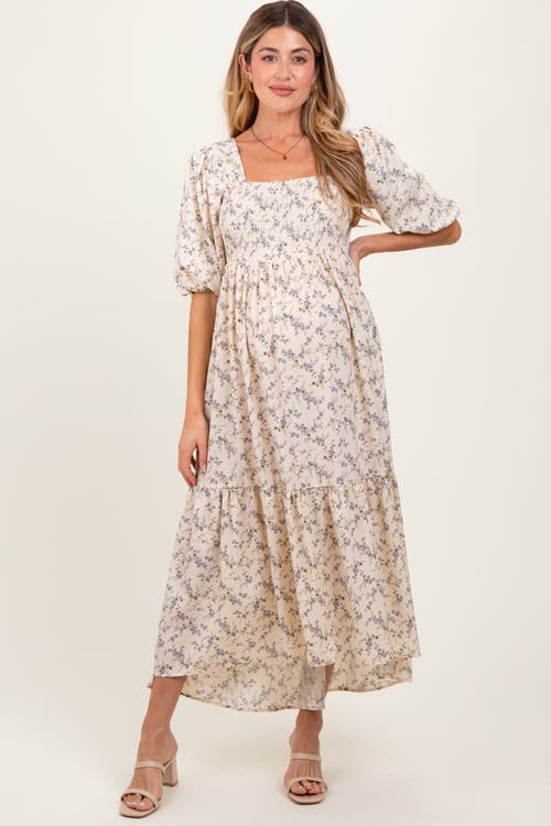 Pinkblush Floral Smocked Hi-low Puff Sleeve Maxi Dress In Neutral