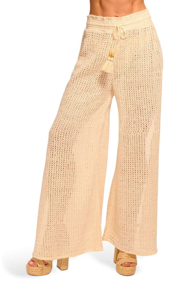Glora Tie Waist Wide Leg Crochet Cover-Up Pants, Main, color, OFF WHITE CROCHET