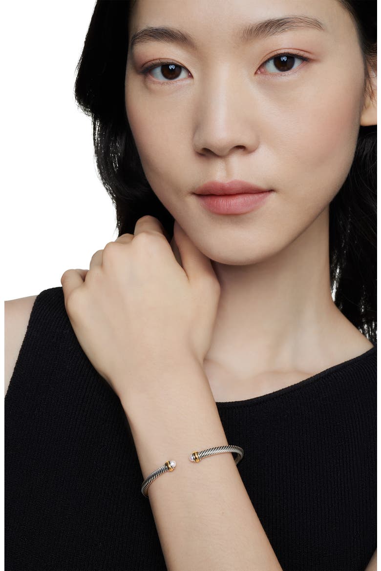 Cable Classic Bracelet with 18K Gold & Semiprecious Stones, 4mm, Alternate, color, SILVER/ PEARL