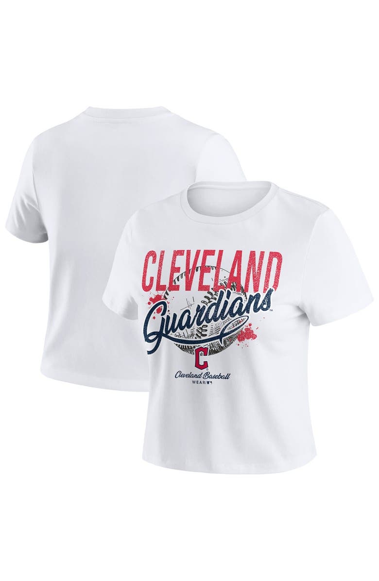 WEAR by Erin Andrews Women's WEAR by Erin Andrews  White Cleveland Guardians Distressed Cropped Baby T-Shirt, Main, color, 