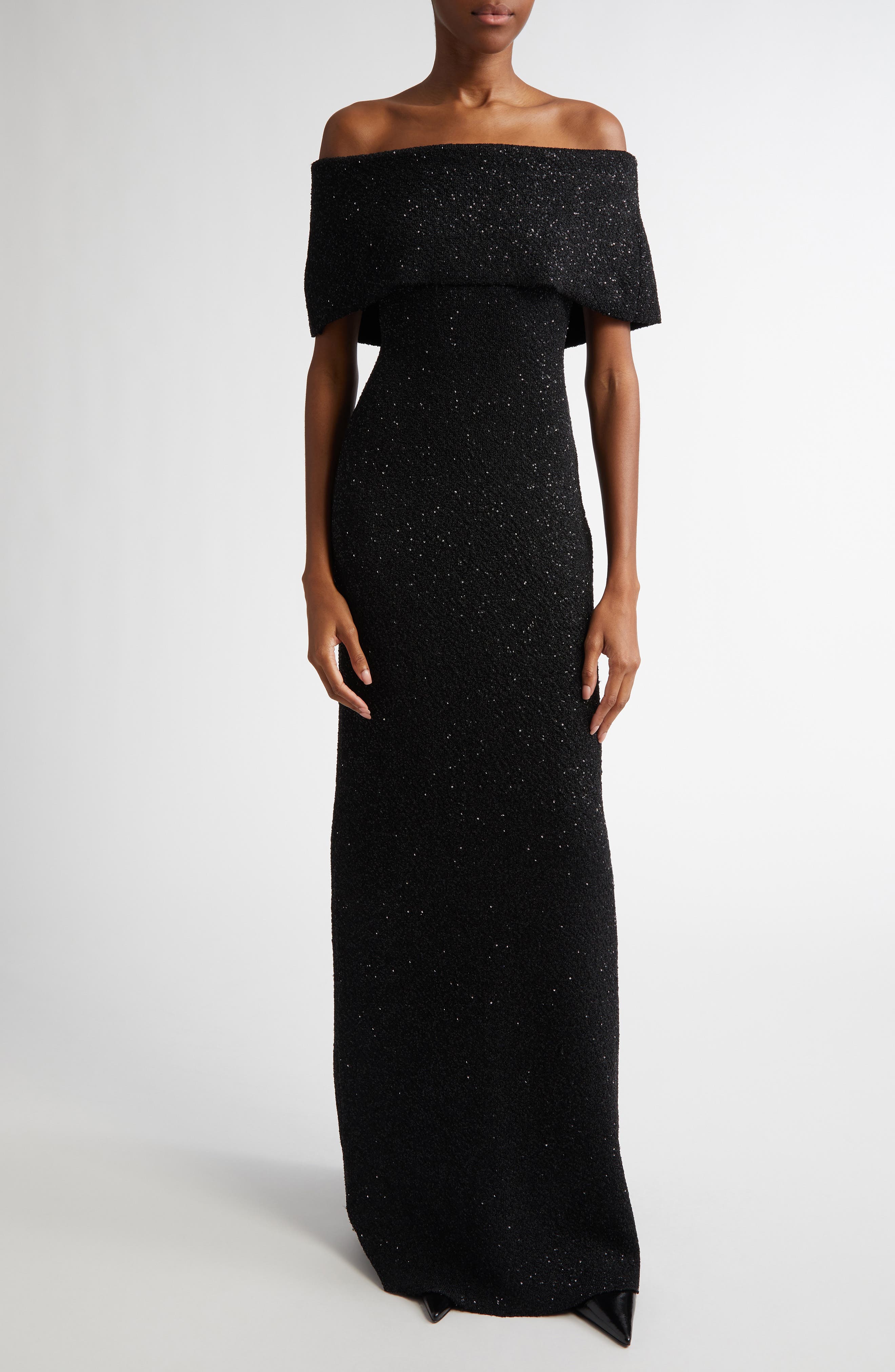 Lela Rose Sequin Off the Shoulder Knit Gown in Black 