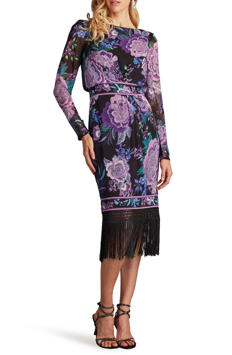 Tadashi Shoji Floral Fringe Detail Long Sleeve Dress, Alternate, color, Black/ Purple Floral