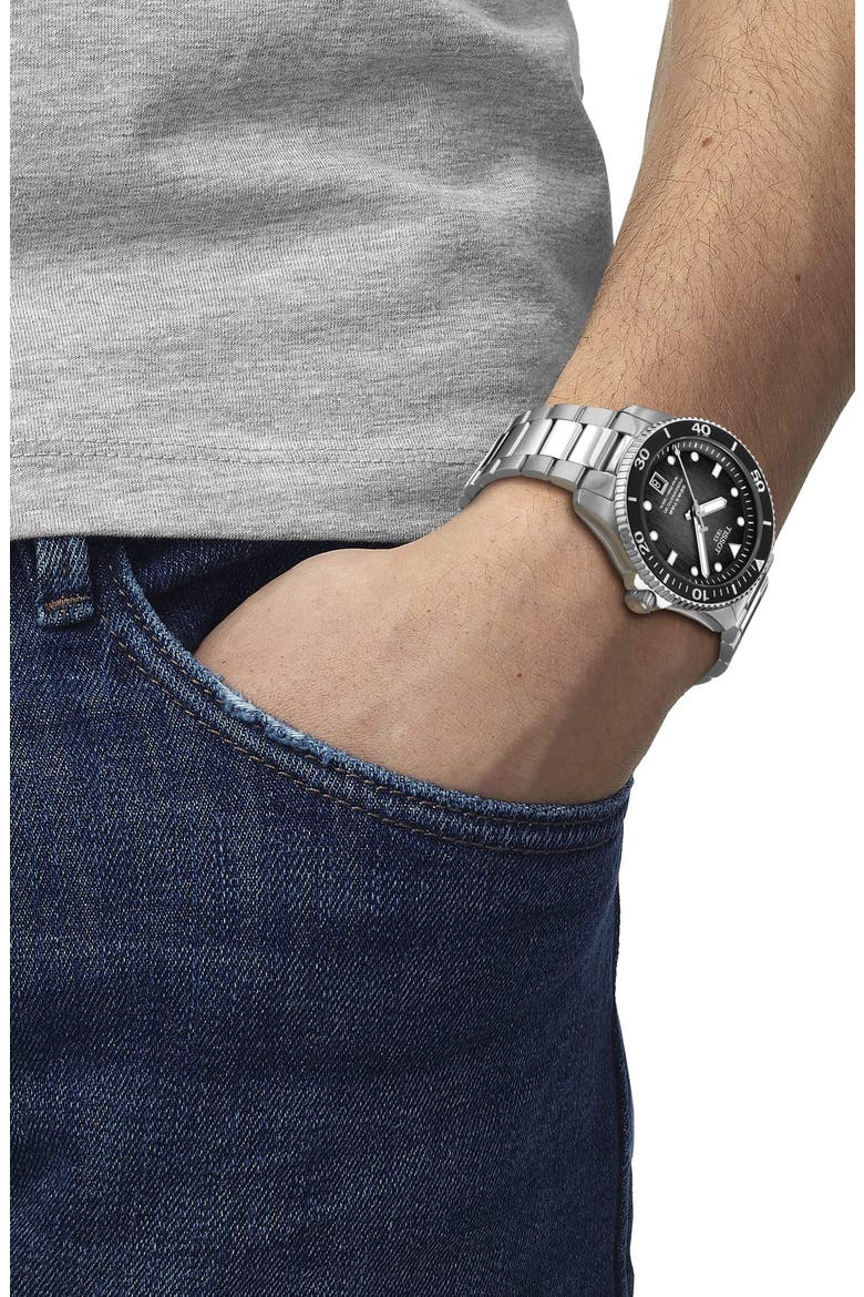 Tisso Seastar 1000 Powermatic 80 Bracelet Watch, 40mm, Alternate, color, BLACK/ SILVER