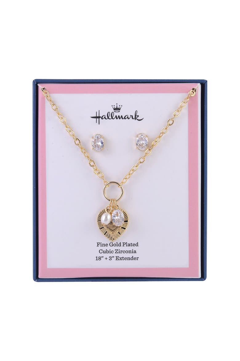 Gold Tone Mom and Heart Pendant Necklace and Earring Set, Alternate, color, Clear-Gold