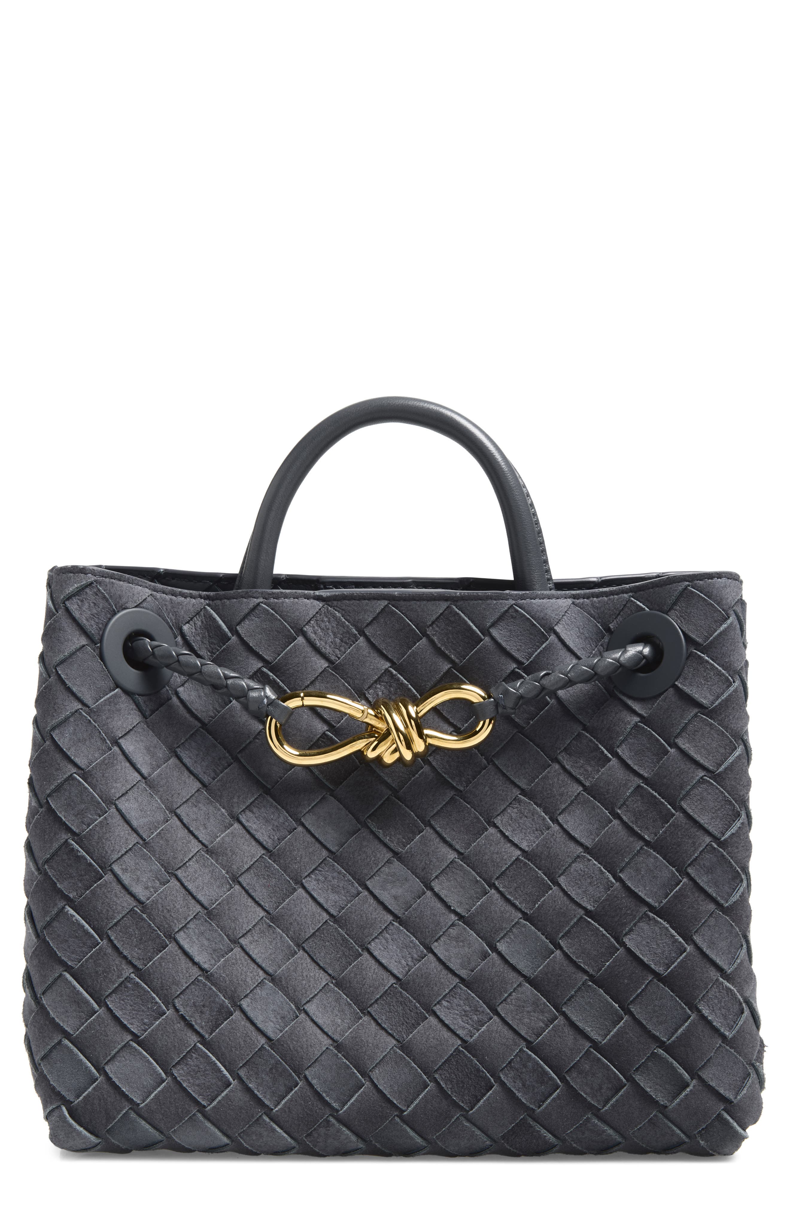 Bottega Veneta Small Andiamo Intrecciato Suede Top Handle Bag, Main, color, Cloudy Indigo