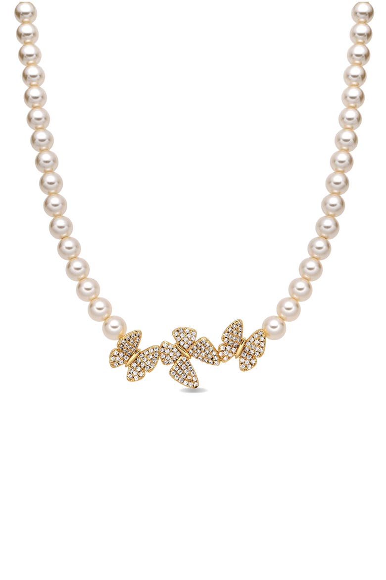 Hannah Pavé Cubic Zirconia Butterfly Faux Pearl Collar Necklace, Main, color, GOLD
