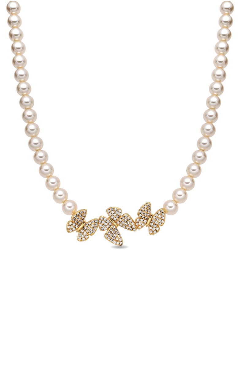 EYE CANDY LOS ANGELES Hannah Pavé Cubic Zirconia Butterfly Faux Pearl Collar Necklace, Main, color, Gold