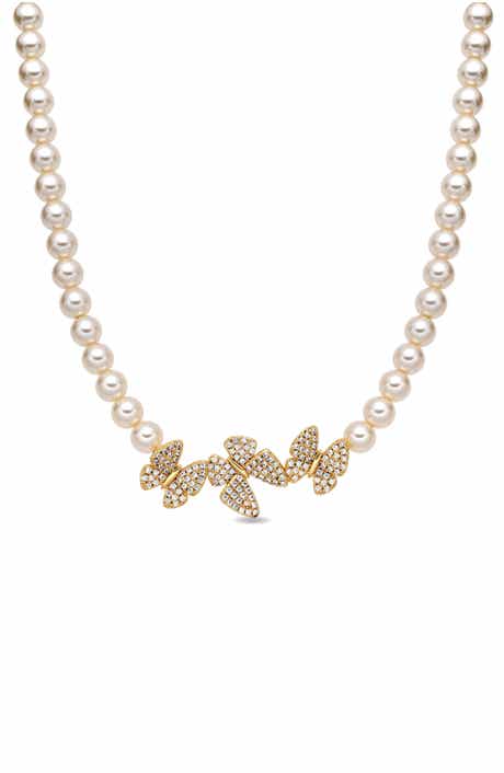 EYE CANDY LOS ANGELES Hannah Pavé Cubic Zirconia Butterfly Faux Pearl Collar Necklace