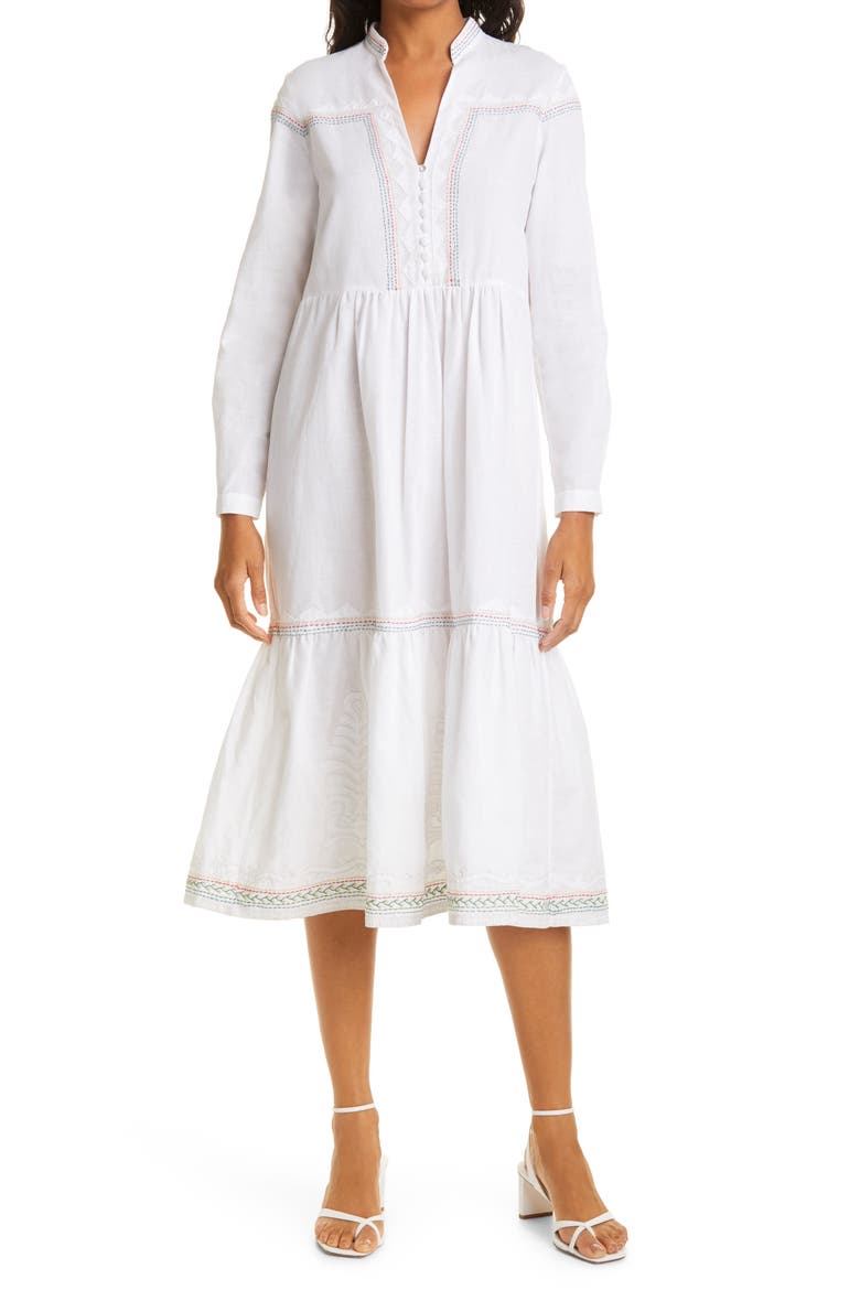 Alexia Long Sleeve Cotton Tiered Dress, Main, color, 01/ 5413-WHITE/ TRIANGLE EMB