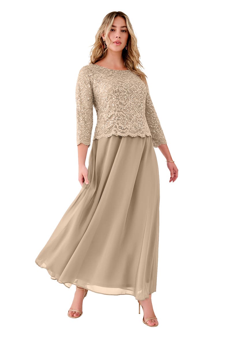 Plus Size Sequin Lace Three Quarter Sleeve A-Line Gown, Main, color, SPARKLING CHAMPAGNE