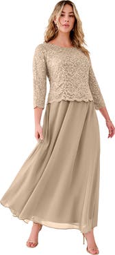 Roaman's Plus Size Sequin Lace Three Quarter Sleeve A-Line Gown