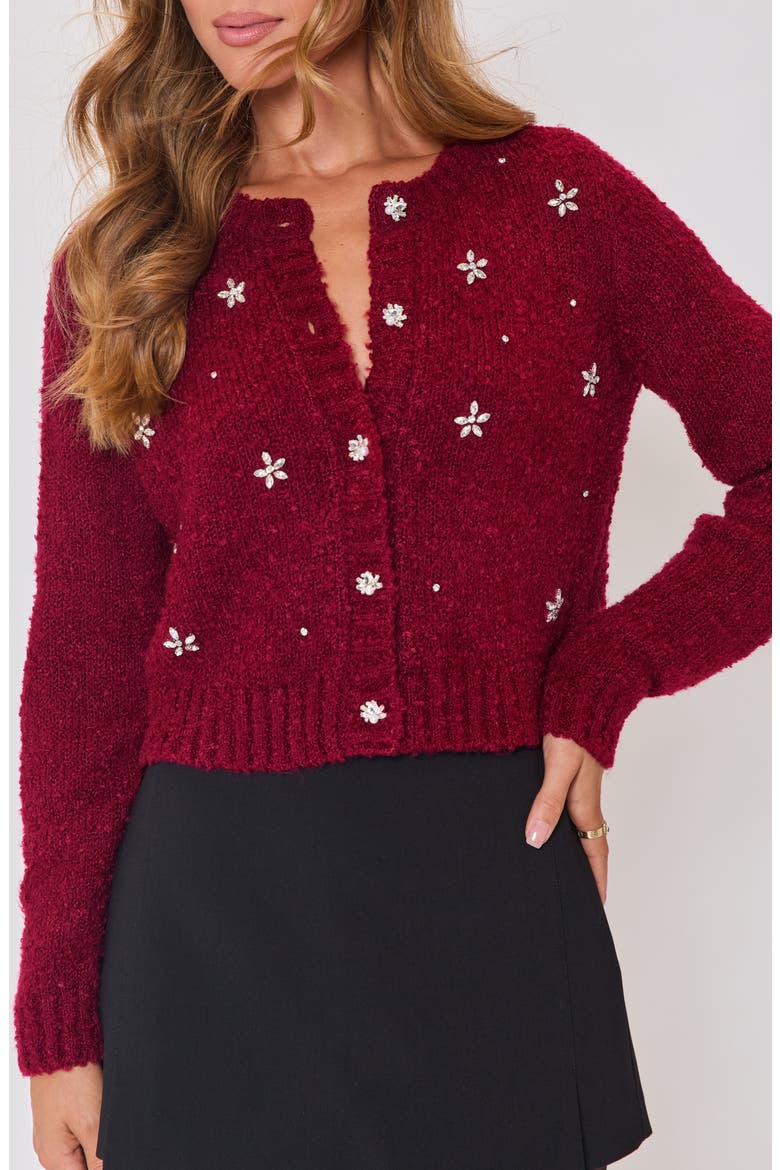 Escape Embellished Bouclé Cardigan, Alternate, color, BURGUNDY