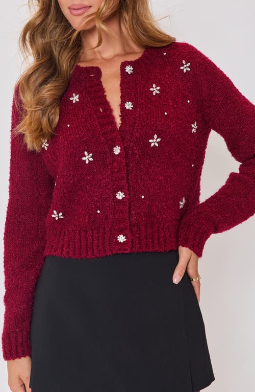 Vici Collection Escape Embellished Bouclé Cardigan In Burgundy