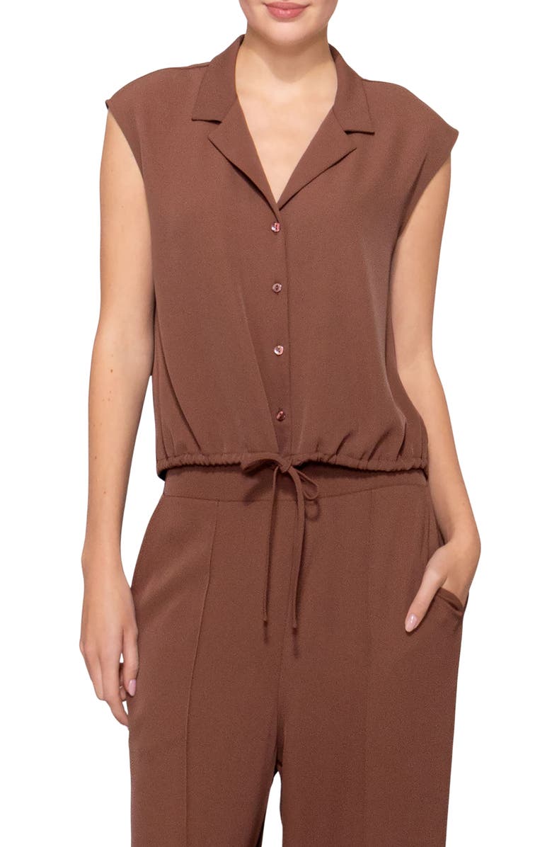 MELLODAY Drawstring Hem Sleeveless Button-Up Shirt, Main, color, Brown