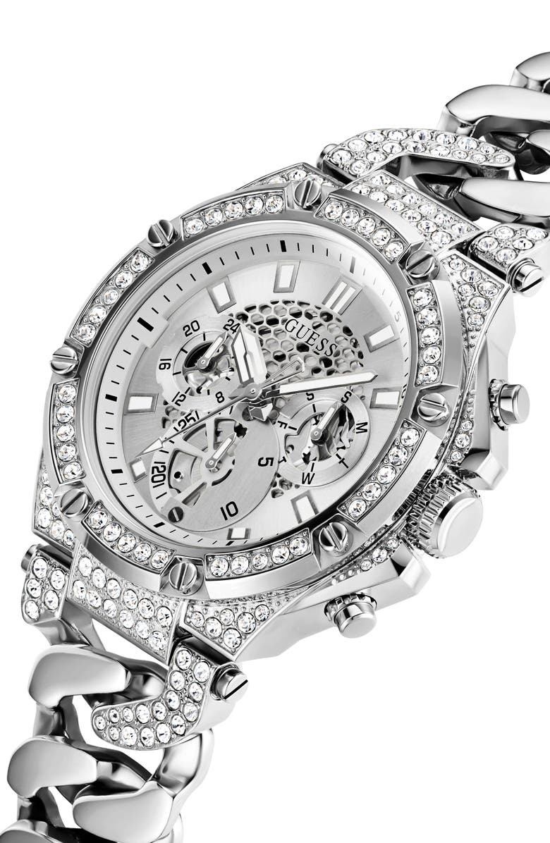 GUESS Multifunction Crystal Skeleton Curb Chain Bracelet Watch, 46mm, Alternate, color, 