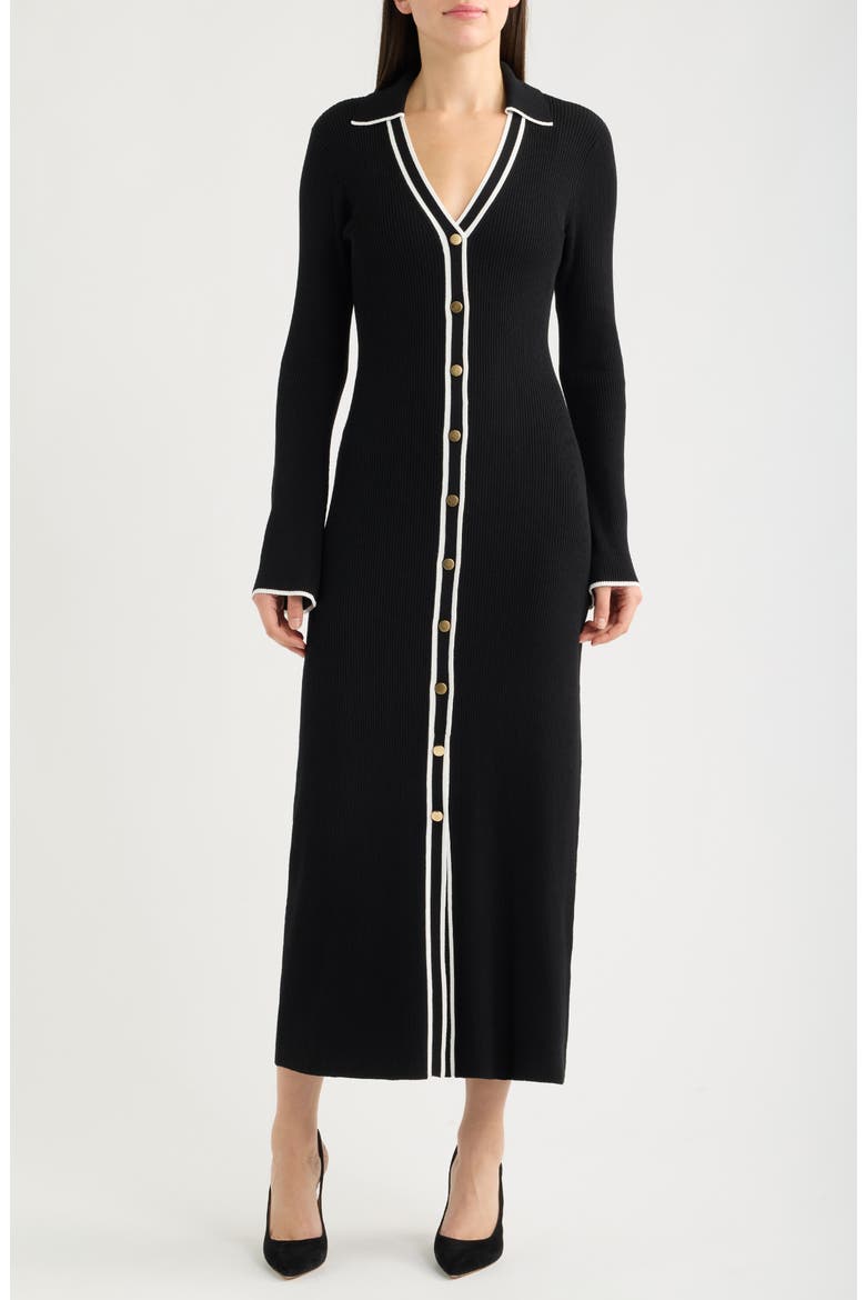 Rib Long Sleeve Midi Sweater Dress, Main, color, BLACK WHITE