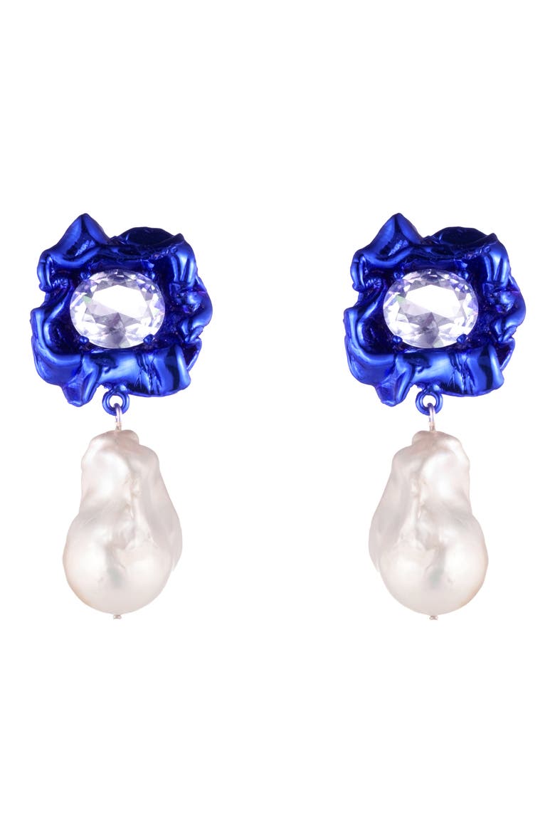 Lola Floral Baroque Pearl Drop Earrings, Main, color, COBALT