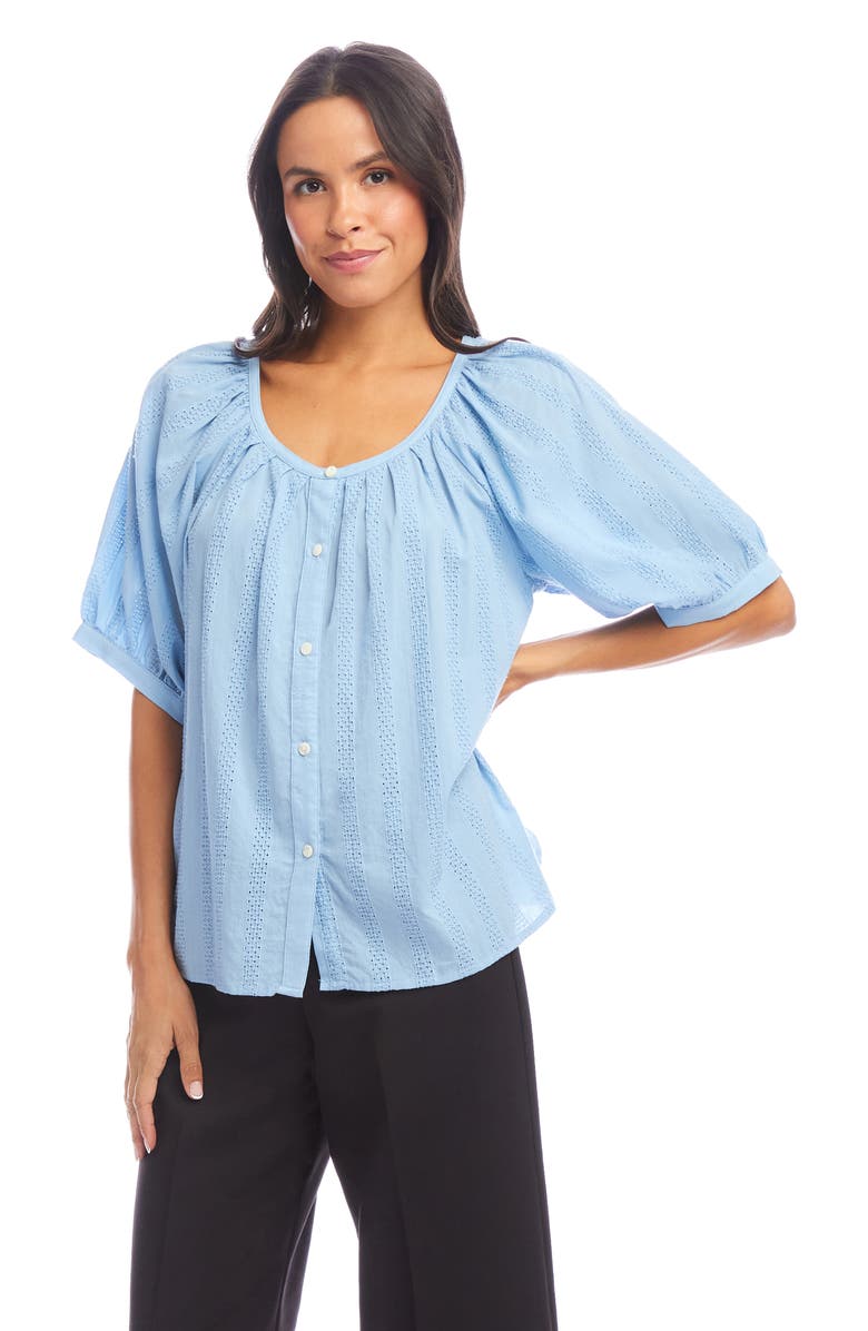 Karen Kane Embroidered Cotton Button-Up Peasant Top, Alternate, color, Lake