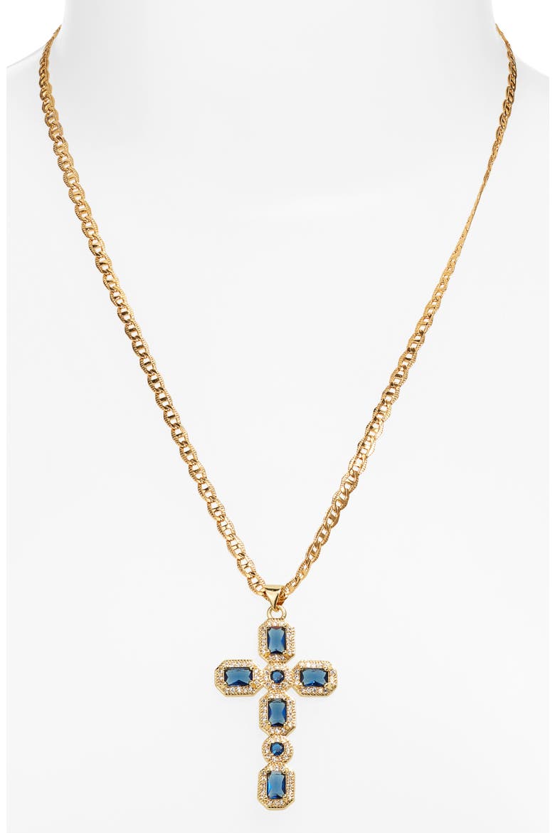 Ornate Cubic Zirconia Cross Pendant Necklace, Alternate, color, SAPPHIRE