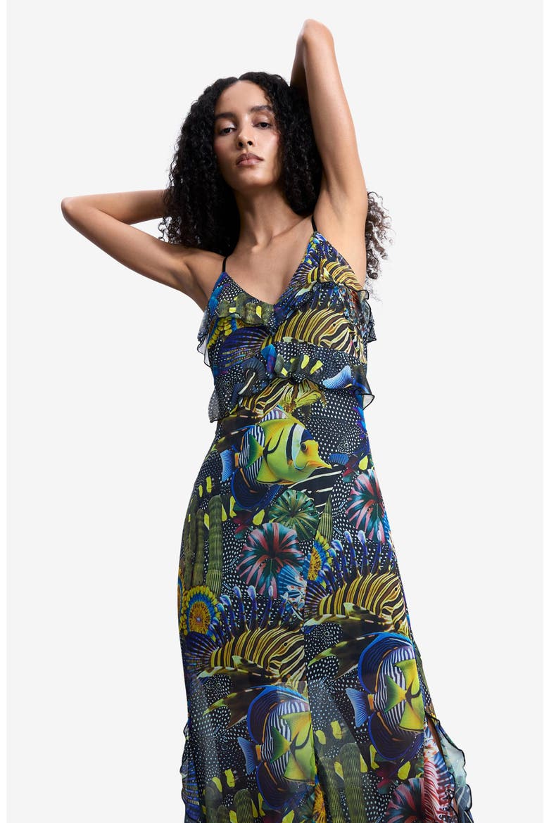 Print Ruffle Sleeveless Midi Dress, Alternate, color, BLACK