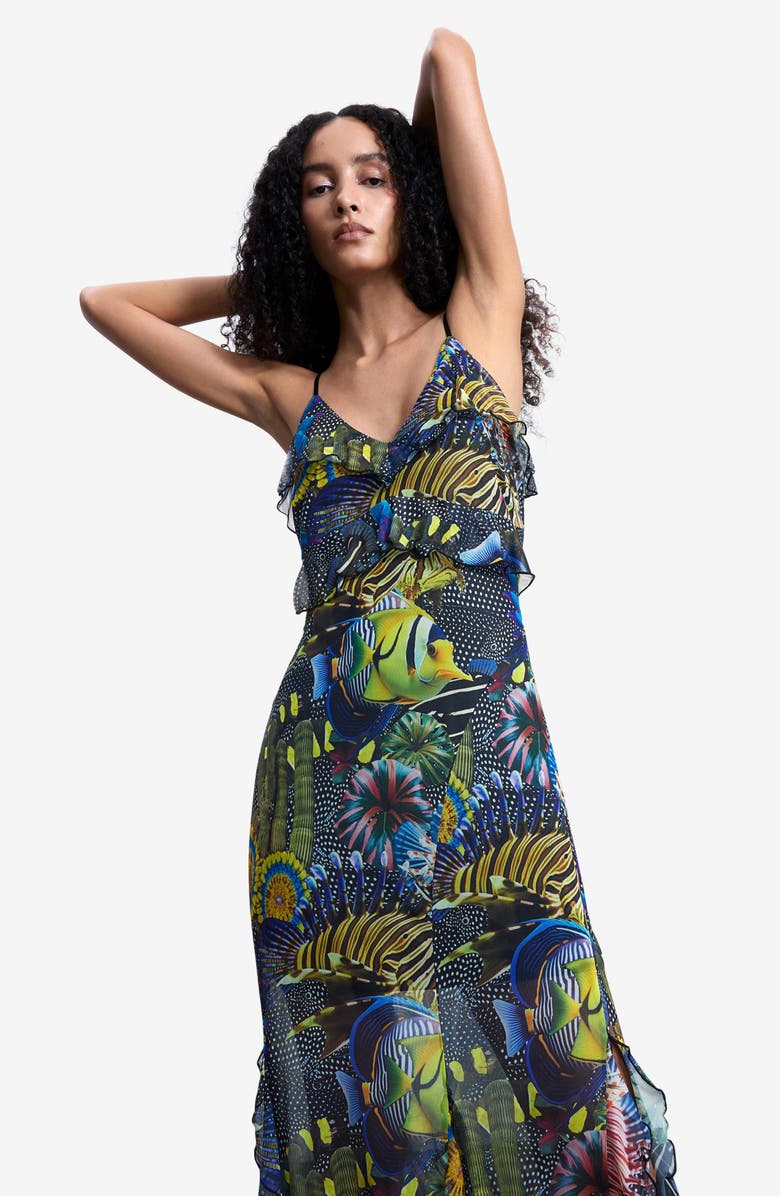 Desigual Print Ruffle Sleeveless Midi Dress, Alternate, color,