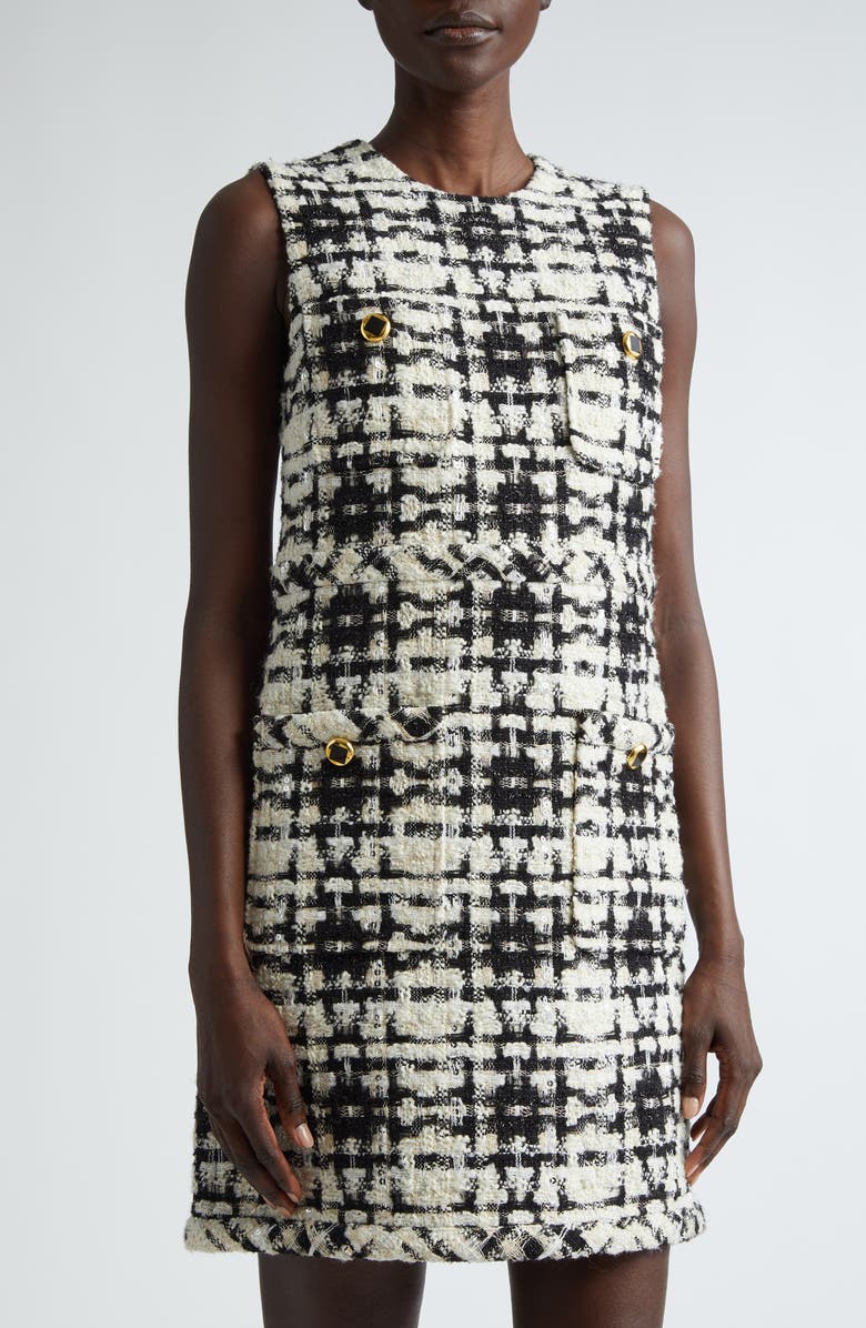 ST. JOHN Plaid Sequin Eyelash Tweed Shift Dress, Alternate, color, Black/ Ecru Multi