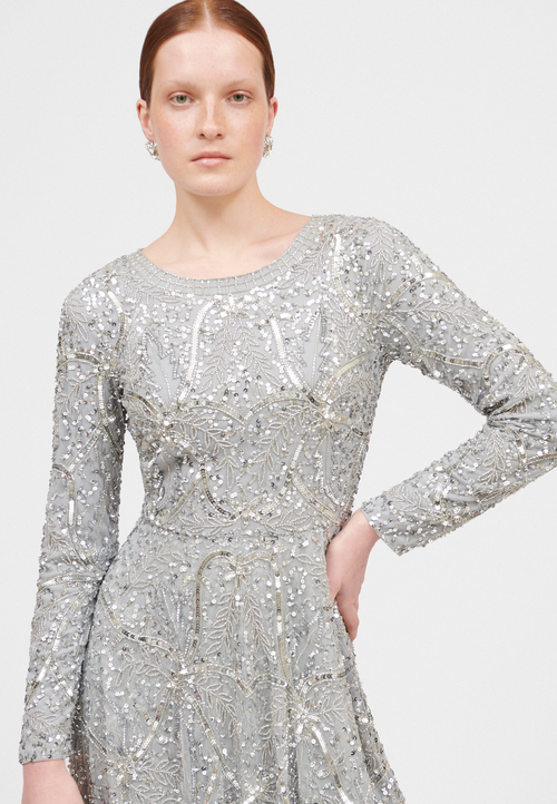 MARYISA MARYISA OCCASION MODEST EMBELLISHED SEQUIN BEADED FLORAL OVERLAP EVENING GOWN 