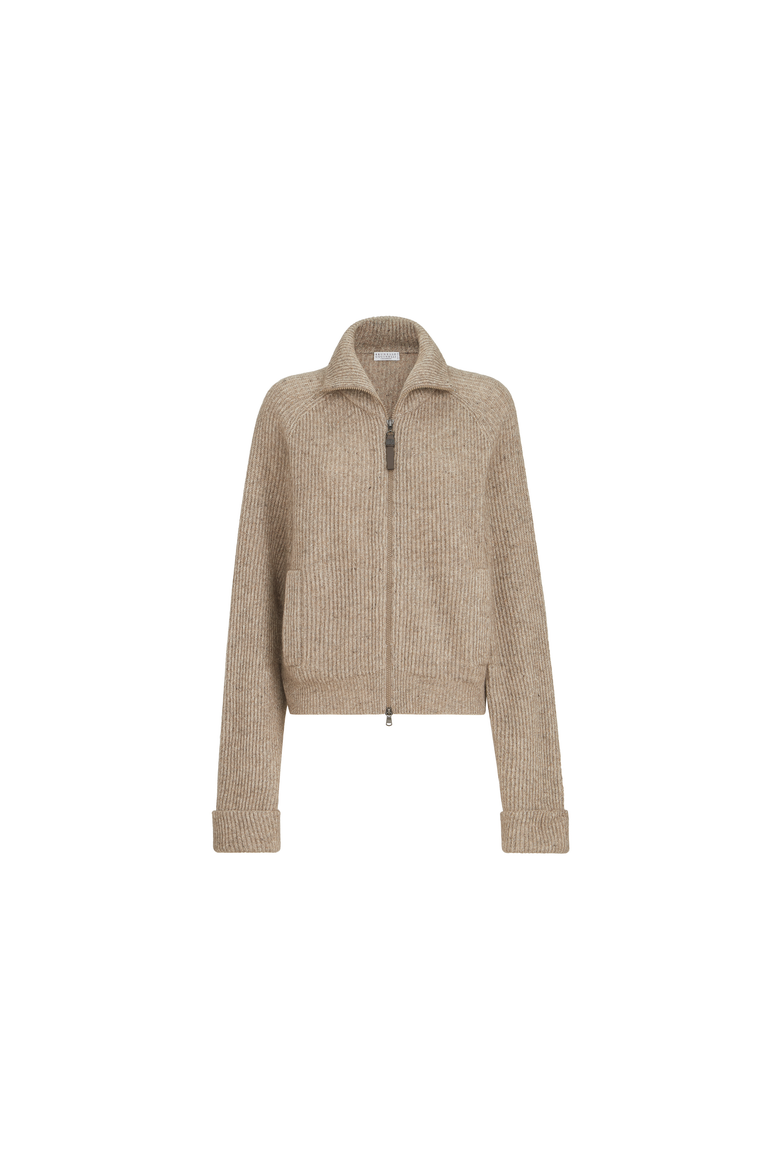 Sparkling cashmere, mohair and wool ribbed cardigan with shiny zipper pull, Alternate, color, Light Brown