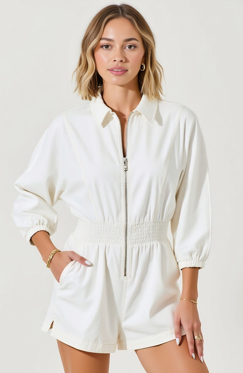 Modenaire Zip Front Long Sleeve Romper with Elastic Waist and Collar Detail, Alternate, color, White