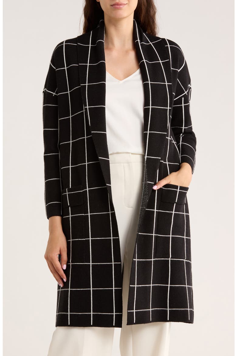 Alicia Open Front Long Cardigan, Main, color, BLACK/ WHITE WINDOWPANE