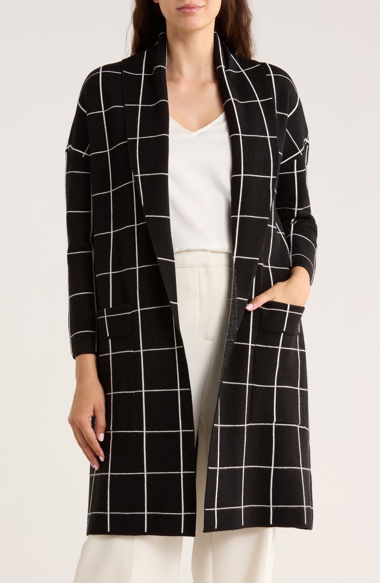 BY DESIGN Alicia Open Front Long Cardigan, Main, color, Black/ White Windowpane
