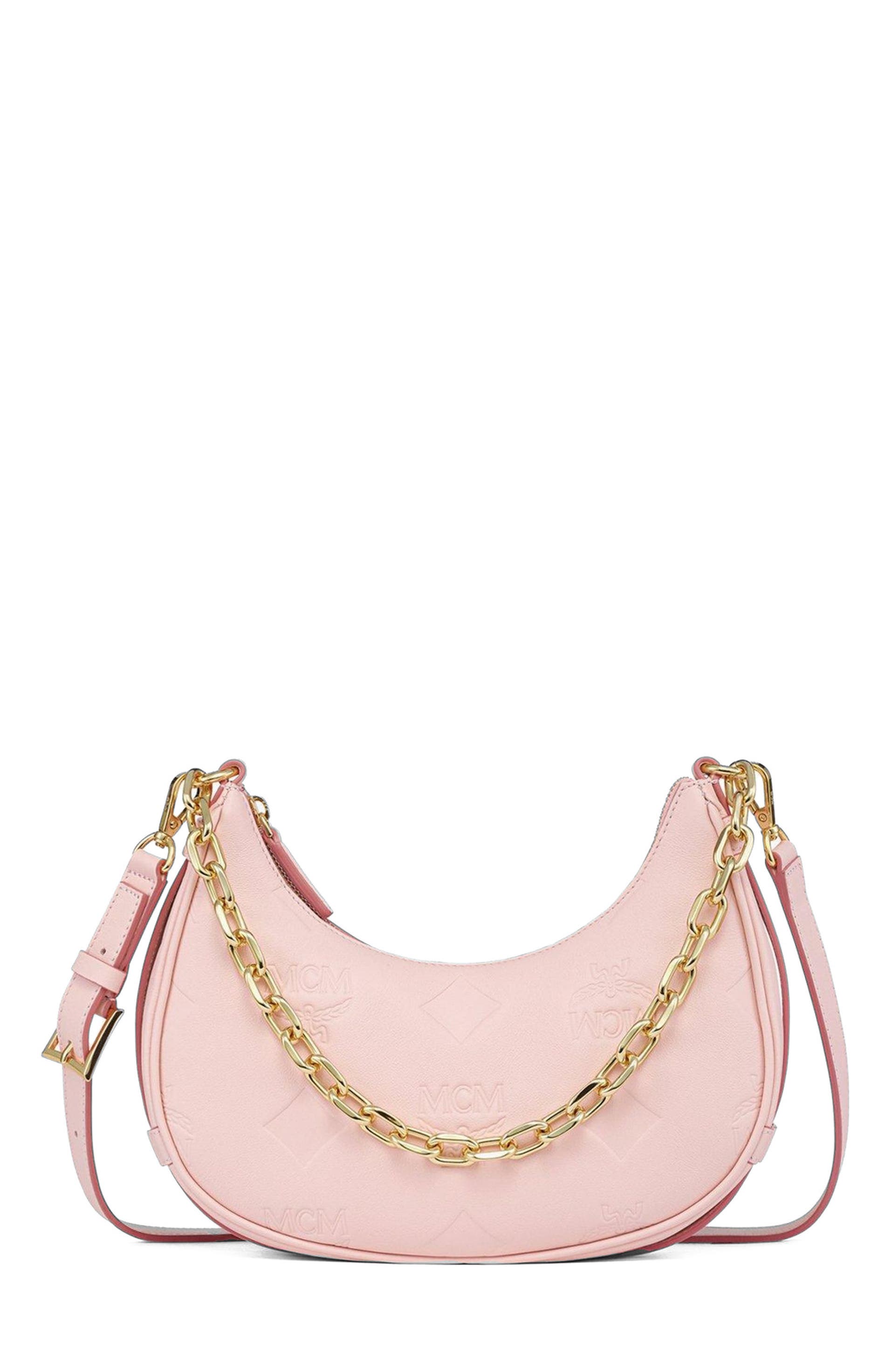 Aren Crescent Hobo Bag in Maxi Monogram Leather, Alternate, color, Lotus Pink