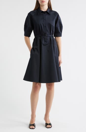 Hugo Boss Boss Delaurena Belted Stretch Cotton Shirtdress In Blue