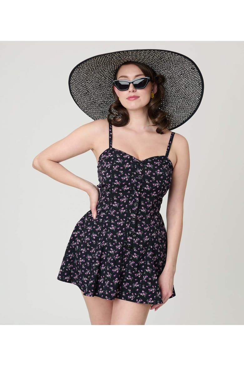 1940s Sweetheart Skirted Romper, Alternate, color, Black Ditzy Floral