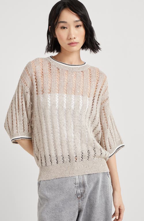 Brunello Cucinelli Sequined Open-knit Linen-blend Top In Cool Beige