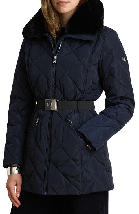 Belted Down & Feather Fill Puffer Coat with Faux Fur Collar