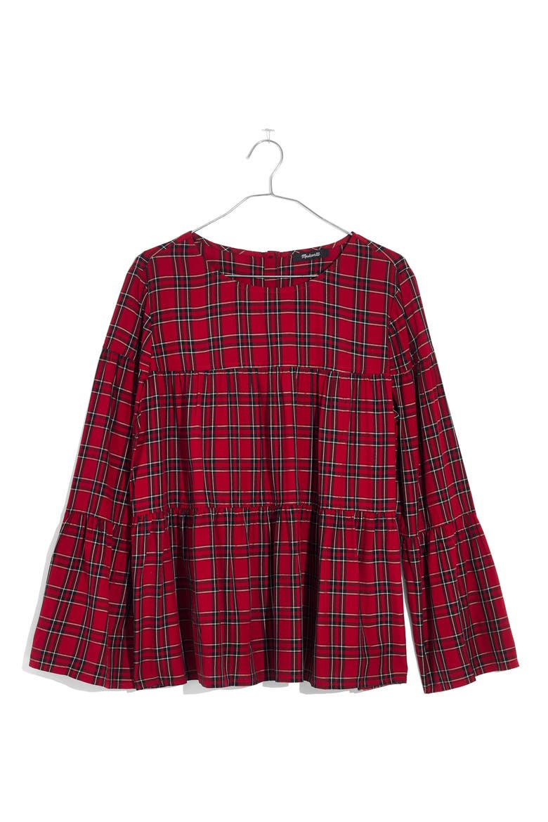 Plaid Tiered Button Back Top, Alternate, color, TRUE RED