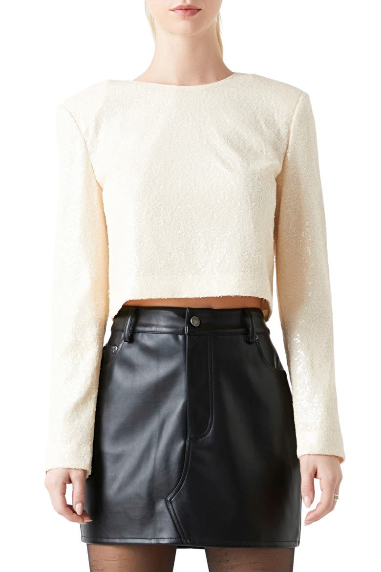 Power Shoulder Sequin Crop Top, Main, color, CREAM