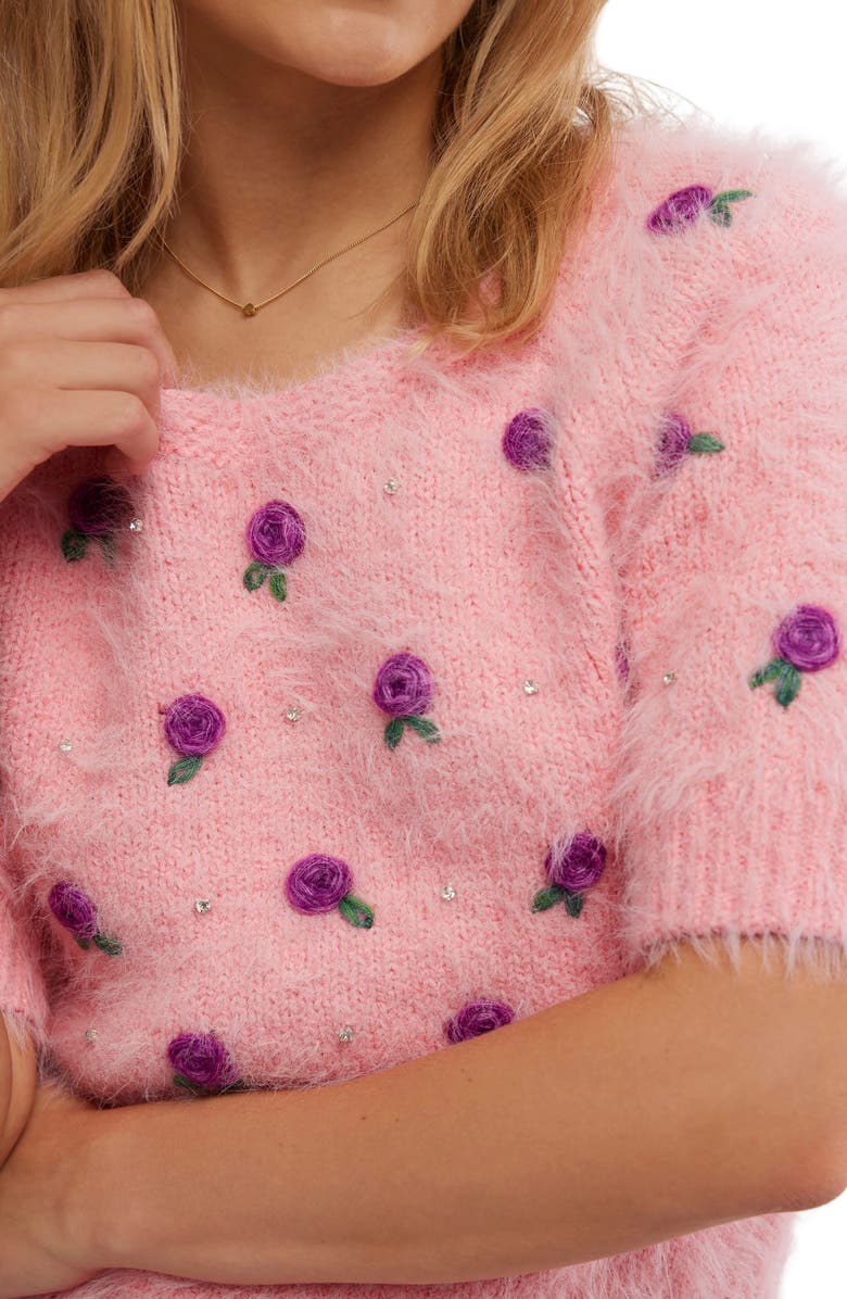 Free People Winter Blooms Appliqué Short Sleeve Sweater, Alternate, color, Quartz Pink Combo