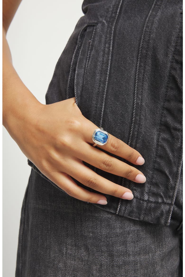 Silver-tone Ring with Emerald-Cut Blue Crystal, Alternate, color, Silver