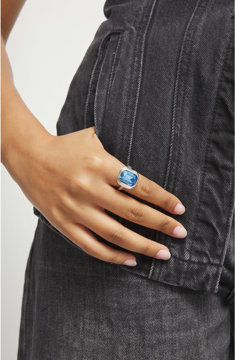 UNODE50 Silver-tone Ring with Emerald-Cut Blue Crystal, Alternate, color, Silver