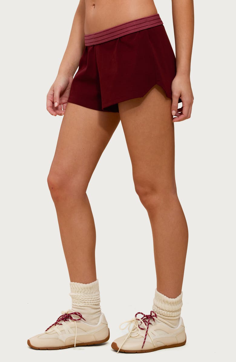 EDIKTED Noemi Stripe Foldover Shorts, Alternate, color, Burgundy