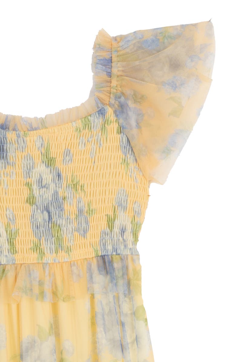 Rare Editions Kids' Floral Flutter Sleeve Mesh Tiered Dress, Alternate, color, Yellow