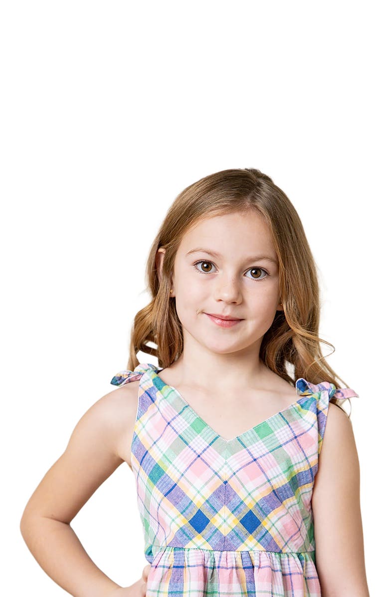Hope & Henry Girls' Organic Eyelet Bow Shoulder Dress, Kids, Alternate, color, Flower Show Plaid