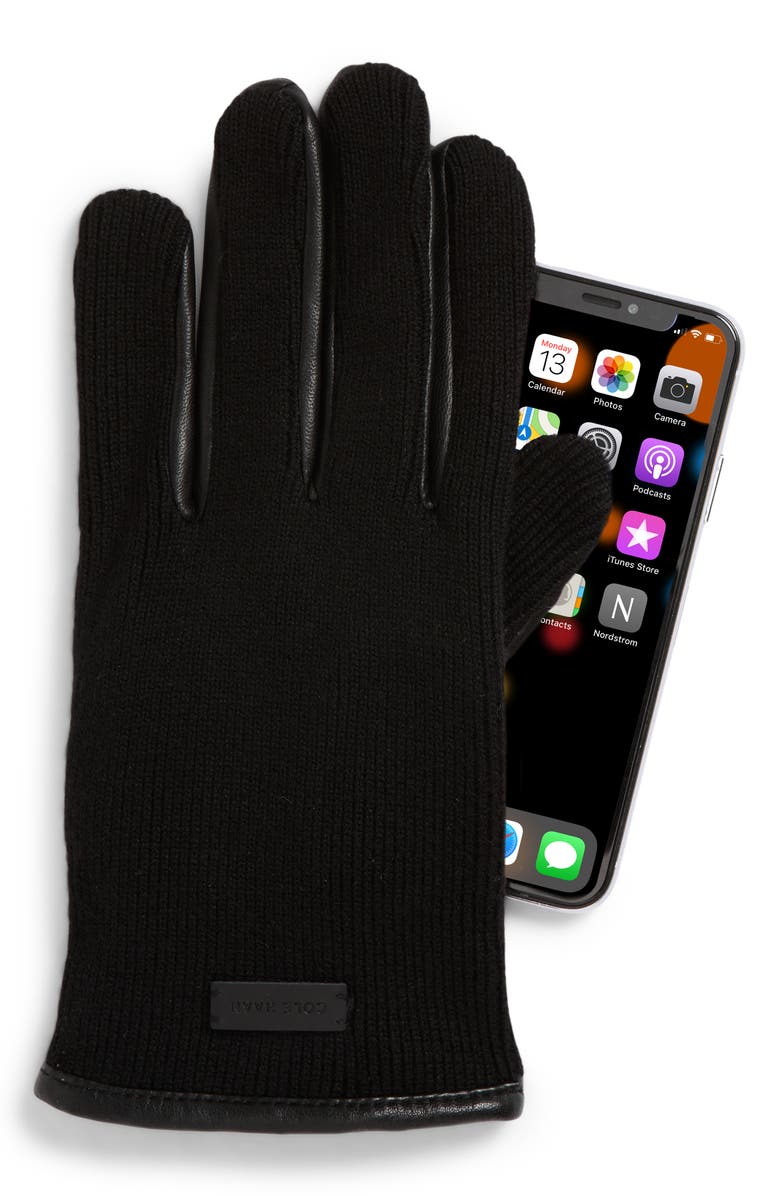 Cole Haan Heritage Leather & Knit Gloves, Alternate, color, Caviar