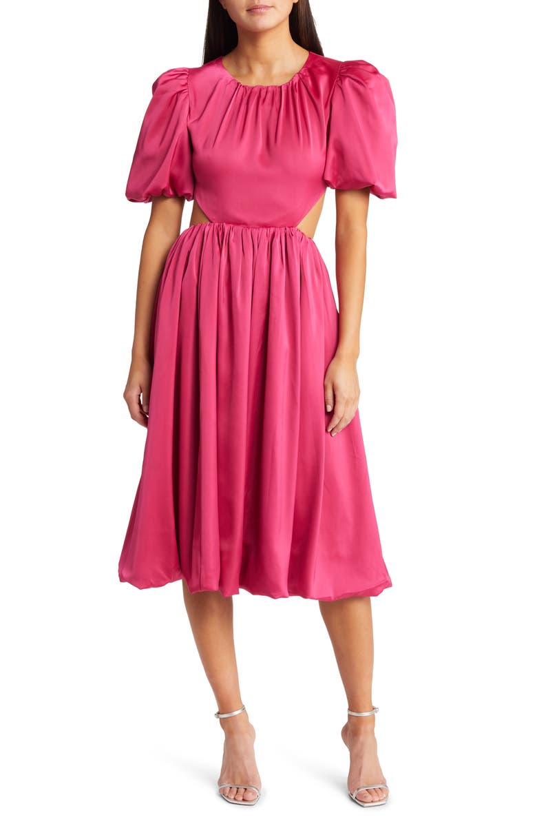 Amy Lynn Cutout Puff Sleeve Satin Midi Dress, Main, color, 