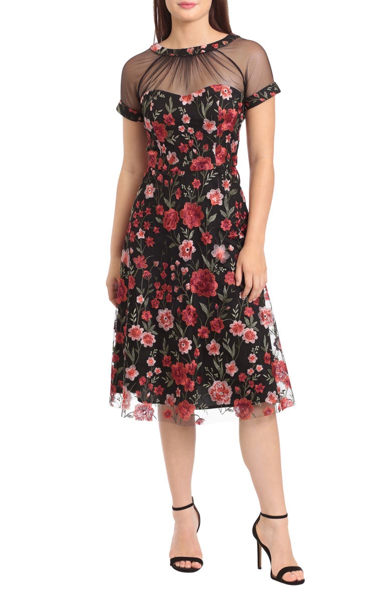 Maggy London Illusion Yoke Floral Embroidered Midi Cocktail Dress, Main, color,